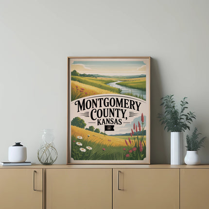 Montgomery, Kansas vintage landscape poster displayed on a wall above a wooden dresser.