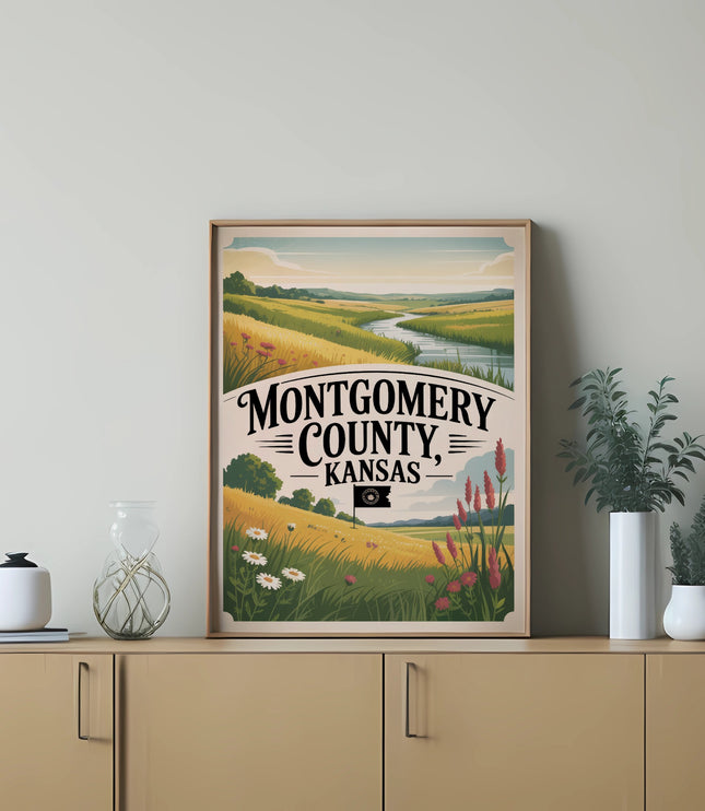 Montgomery, Kansas vintage landscape poster displayed on a wall above a wooden dresser.