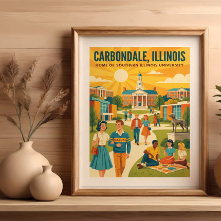 Vintage travel poster for Carbondale, Illinois, home of Southern Illinois University.