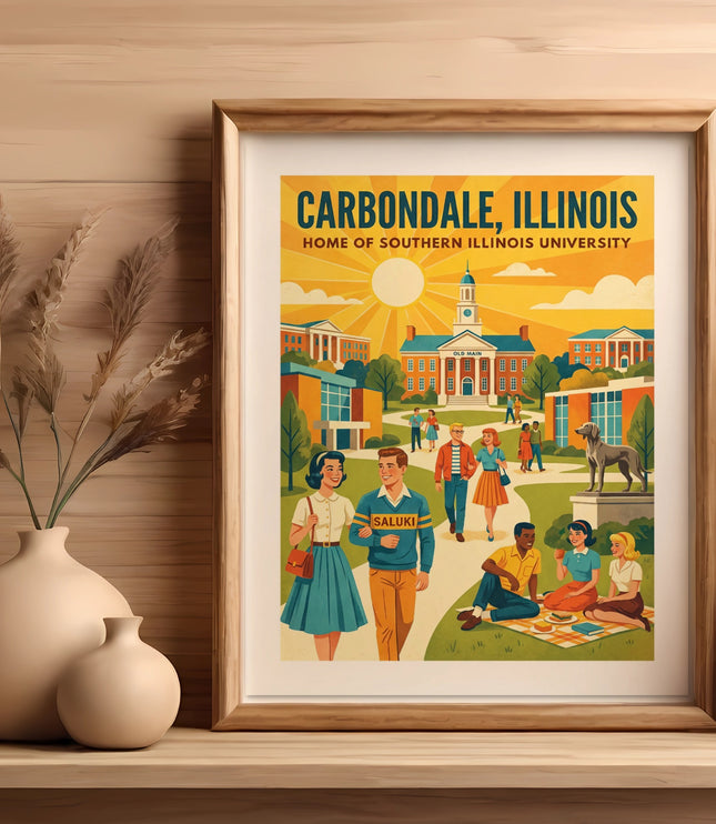 Vintage travel poster for Carbondale, Illinois, home of Southern Illinois University.