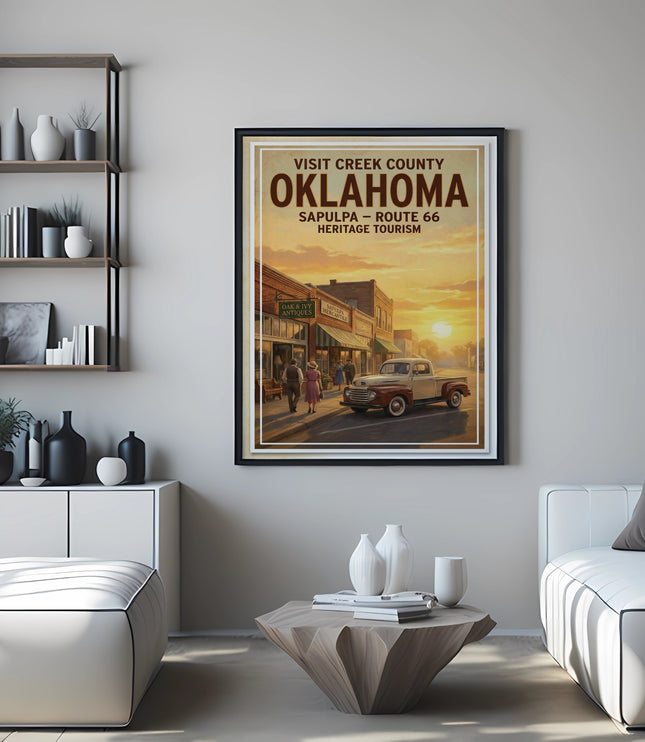 Framed poster of Sapulpa, Oklahoma Route 66 heritage tourism scene at sunset.