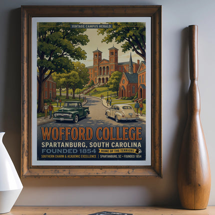 Wofford College vintage poster with campus buildings, cars, and trees.