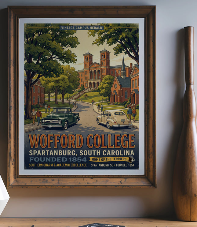 Wofford College vintage poster with campus buildings, cars, and trees.