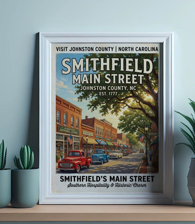 Smithfield's Main Street vintage poster featuring retro cars and shops in Johnston County, NC.