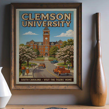 Clemson University poster with vintage style featuring a clock tower and campus buildings.