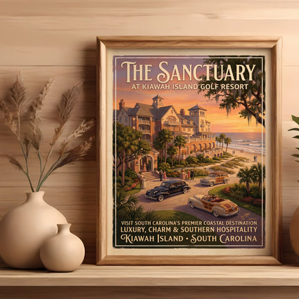 The Sanctuary at Kiawah Island Golf Resort poster with vintage cars and ocean view.