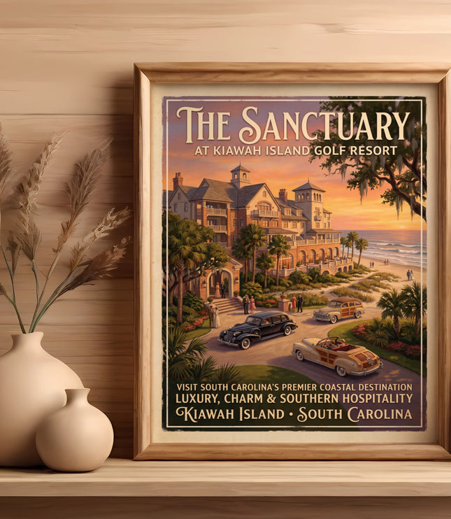 The Sanctuary at Kiawah Island Golf Resort poster with vintage cars and ocean view.