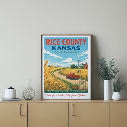 Vintage RICE COUNTY KANSAS poster with farm scene and slogan "Come for a Visit-Stay for a Lifetime!".