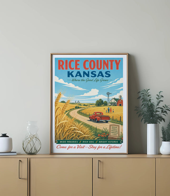 Vintage RICE COUNTY KANSAS poster with farm scene and slogan "Come for a Visit-Stay for a Lifetime!".