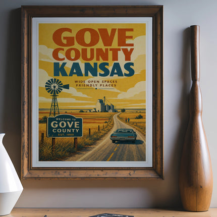Gove County Kansas vintage travel poster with windmill and car.