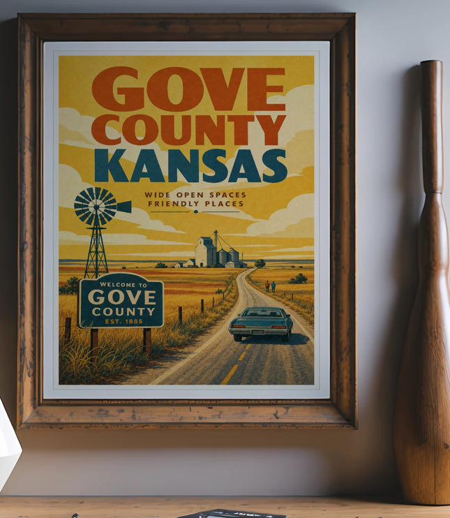 Gove County Kansas vintage travel poster with windmill and car.