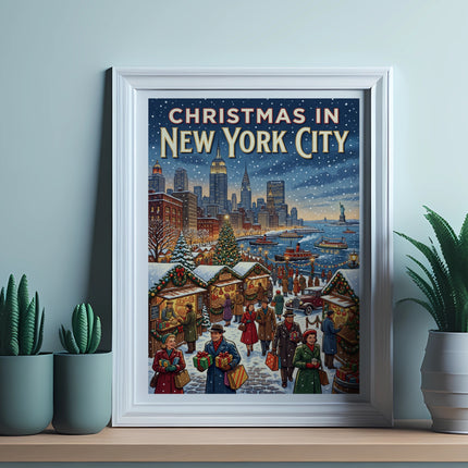 Christmas market scene in New York City with skaters and stalls.