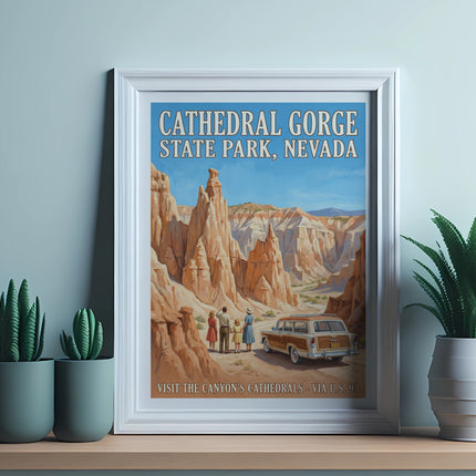 Cathedral Gorge State Park, Nevada vintage travel poster with a family and station wagon.