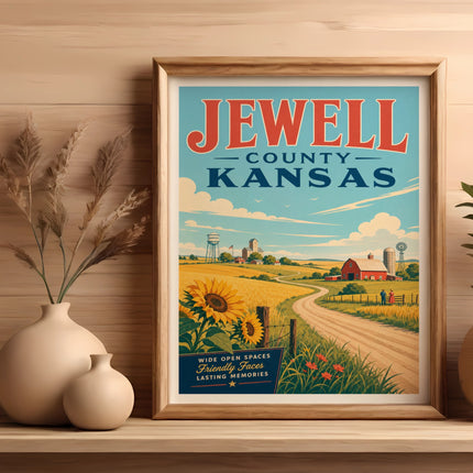 Jewell County Kansas poster with farm scene, sunflowers, and barn.