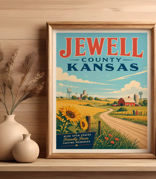 Jewell County Kansas poster with farm scene, sunflowers, and barn.