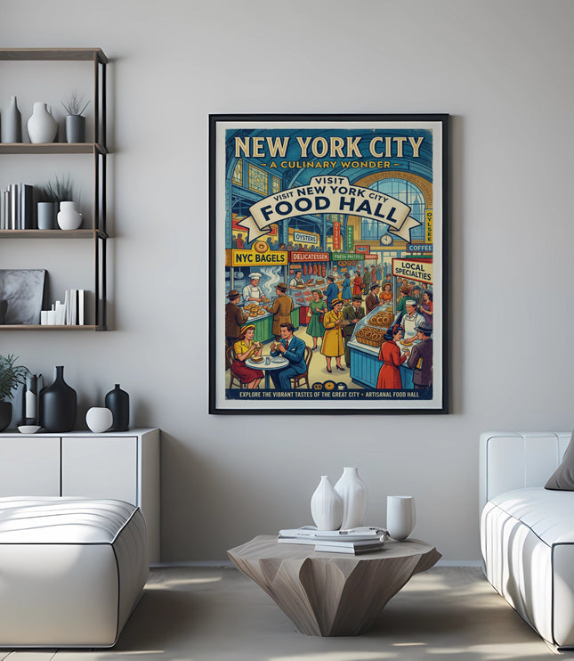Vintage New York City Food Hall poster featuring people and food stalls.