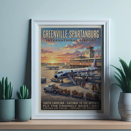 Greenville-Spartanburg International Airport vintage travel poster with planes and luggage.