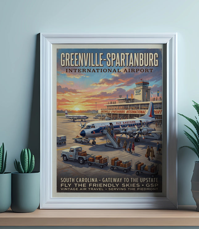 Greenville-Spartanburg International Airport vintage travel poster with planes and luggage.