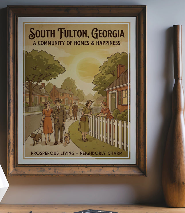 Framed vintage poster "South Fulton, Georgia" with people walking dogs.