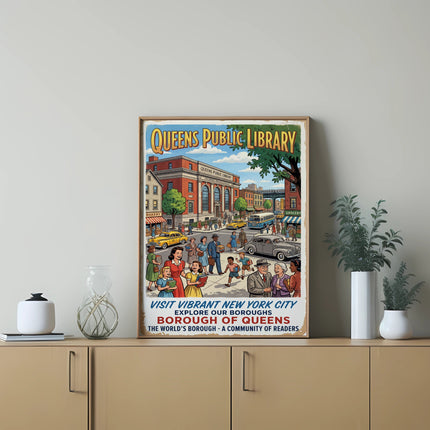 Queens Public Library poster with vintage New York City scene and text.