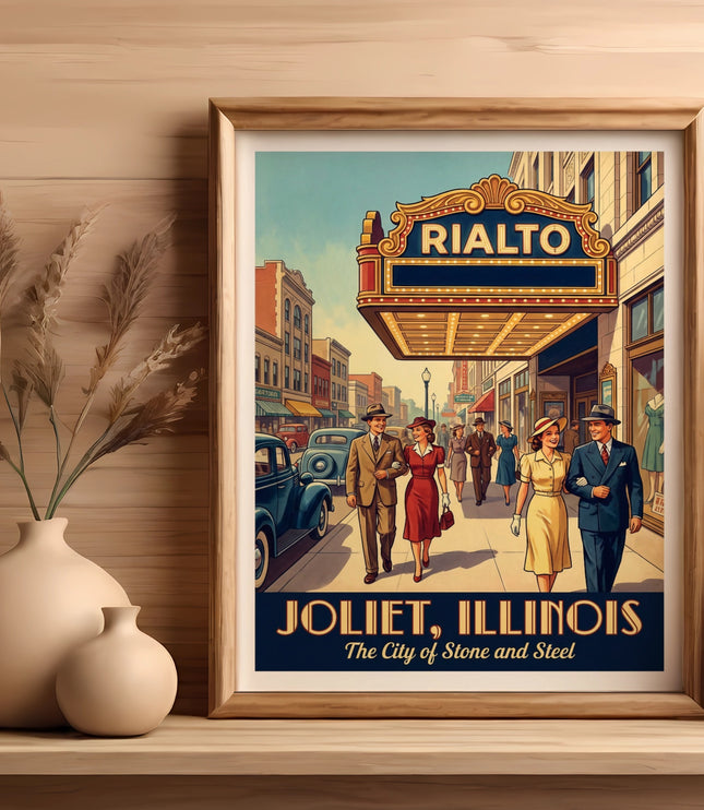 Vintage poster of Rialto Theater in Joliet, Illinois, with people walking.