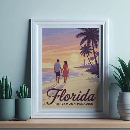 Couple walking on beach with "Florida Honeymoon Paradise" text.