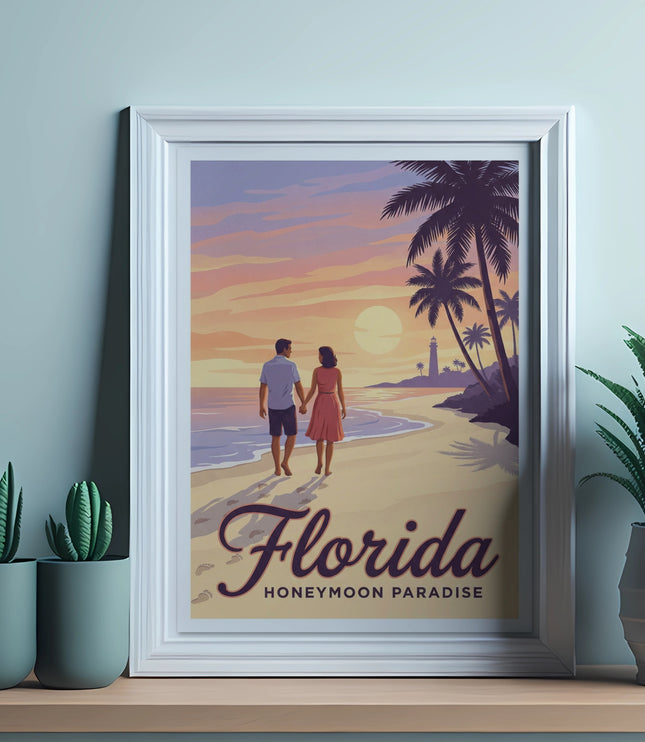 Couple walking on beach with "Florida Honeymoon Paradise" text.