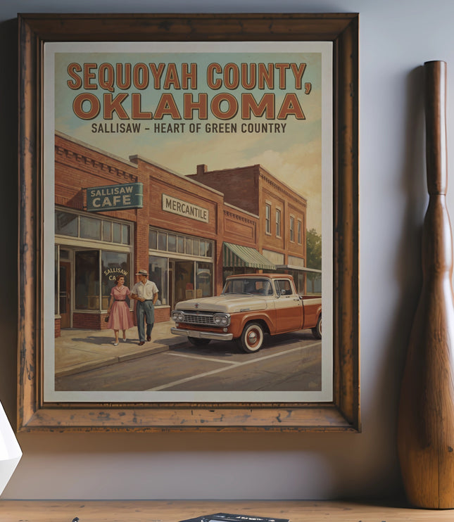 Framed artwork depicts "Sequoyah County, Oklahoma" with a vintage cafe and truck.