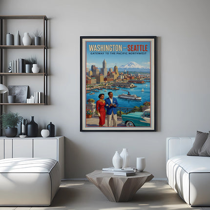 Vintage travel poster of Washington-Seattle with a couple and classic car.