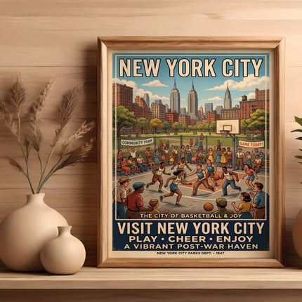 Vintage poster of a New York City community park basketball game.
