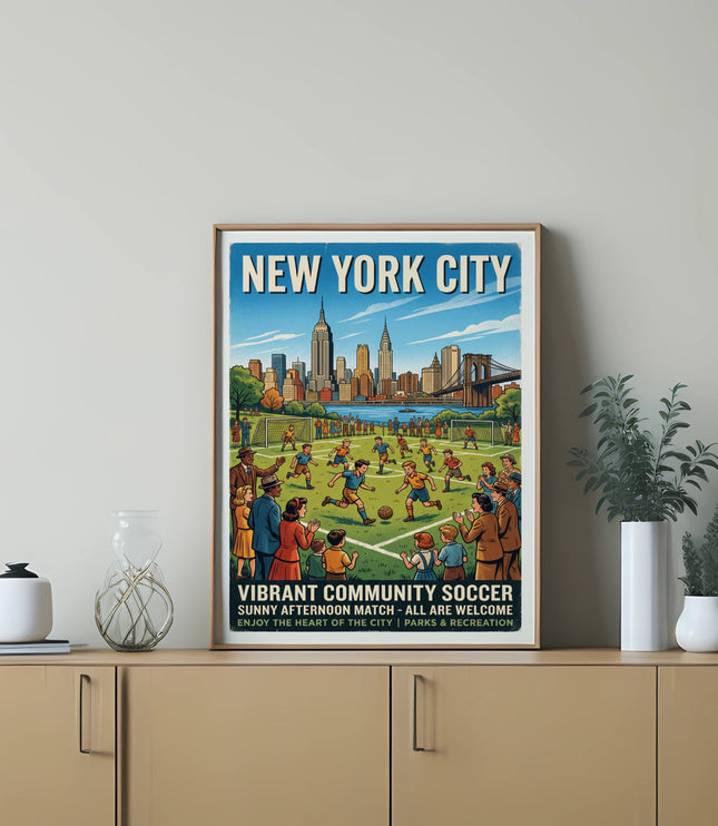 New York City vintage poster of soccer game with skyline and text.