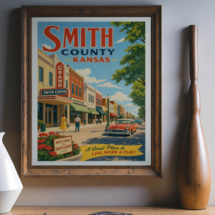 Vintage poster for Smith County, Kansas, showing a street scene.