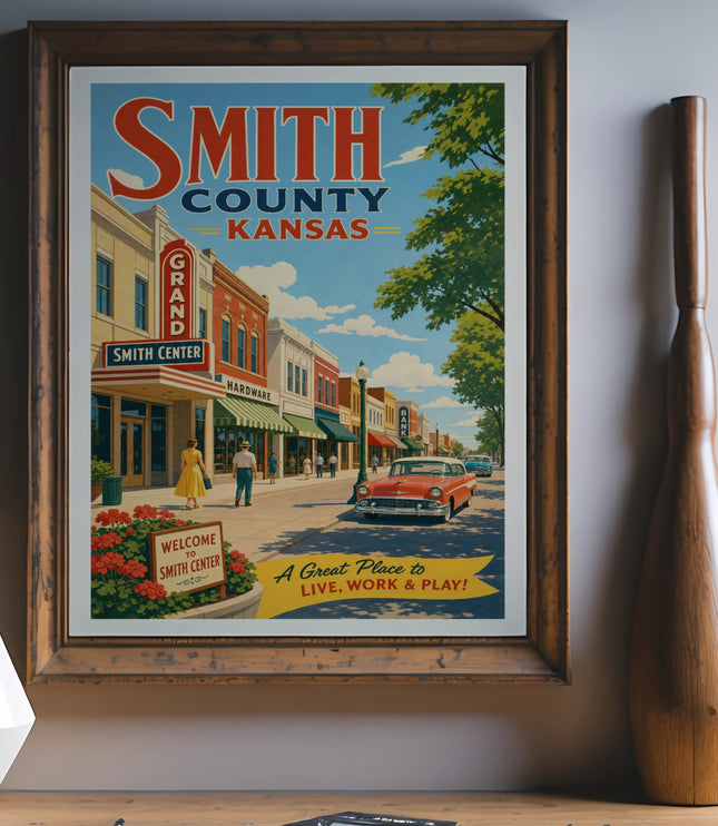 Vintage poster for Smith County, Kansas, showing a street scene.