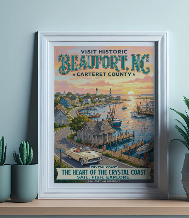 Visit Historic Beaufort NC Carteret County artwork of harbor with boats and car.