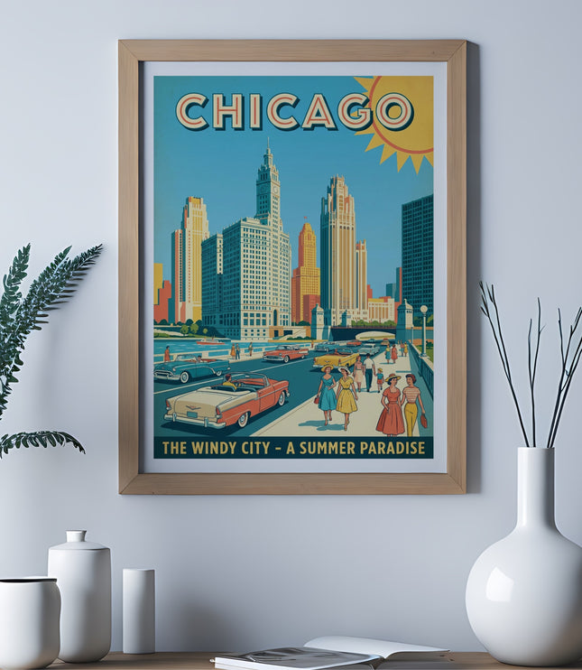 Vintage poster featuring "CHICAGO" and "The Windy City - A Summer Paradise" text with skyline and vintage cars.