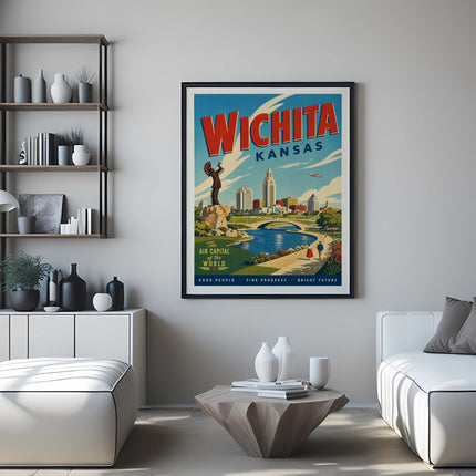 Vintage Wichita Kansas travel poster depicting skyline, river, and landmark.