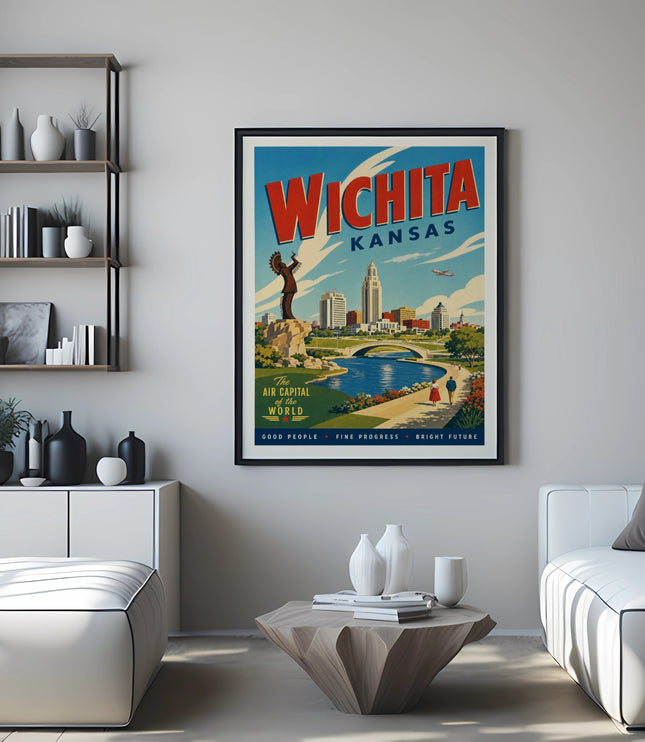 Vintage Wichita Kansas travel poster depicting skyline, river, and landmark.