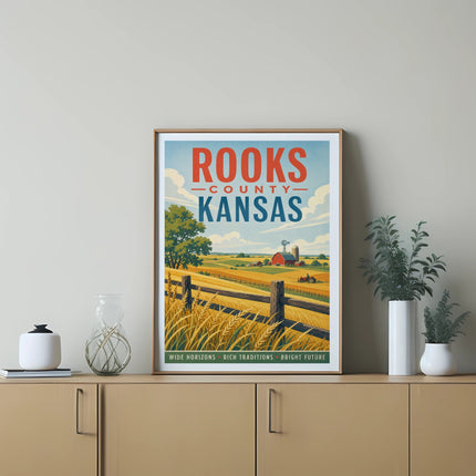Rooks County, Kansas travel poster with farm scene and text.