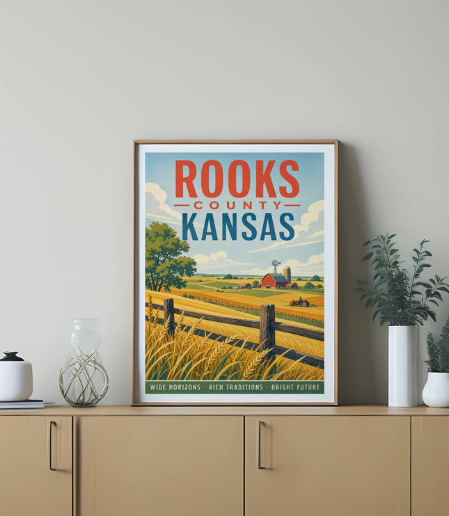Rooks County, Kansas travel poster with farm scene and text.