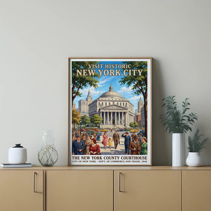 Poster for Visit Historic New York City, featuring the New York County Courthouse.