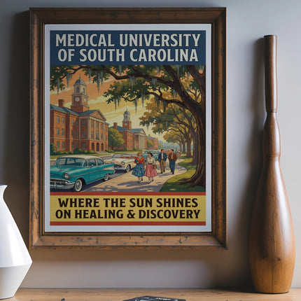 Medical University of South Carolina poster with vintage cars and people.