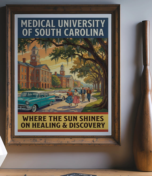 Medical University of South Carolina poster with vintage cars and people.