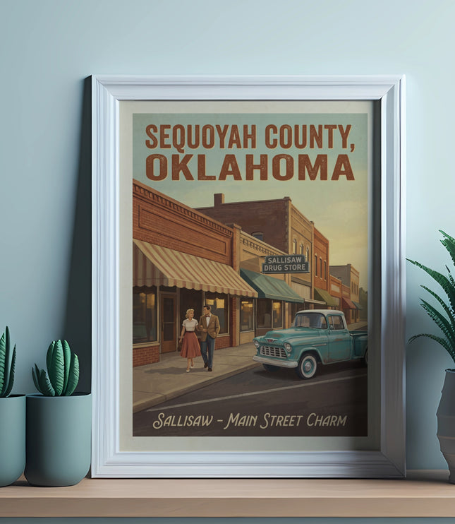 Vintage poster of Sequoyah County, Oklahoma, featuring a couple walking past Sallisaw Drug Store.