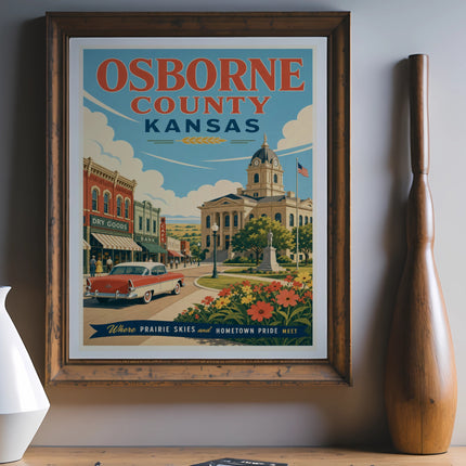 Vintage Osborne County, Kansas travel poster with town square and courthouse.