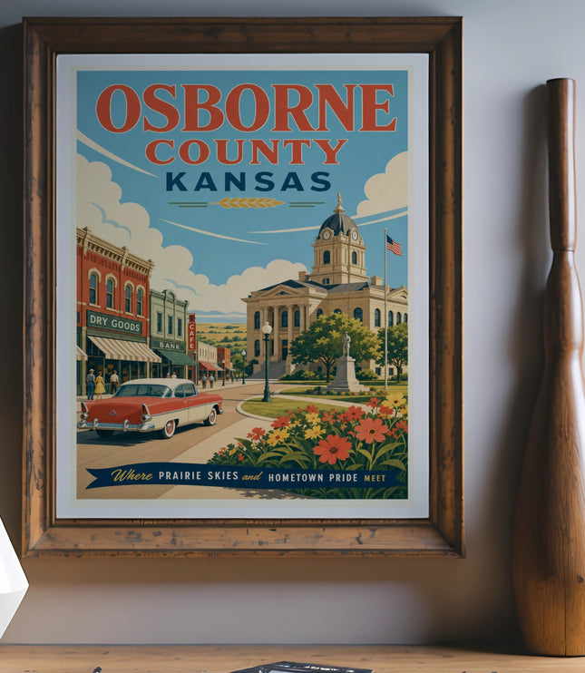 Vintage Osborne County, Kansas travel poster with town square and courthouse.