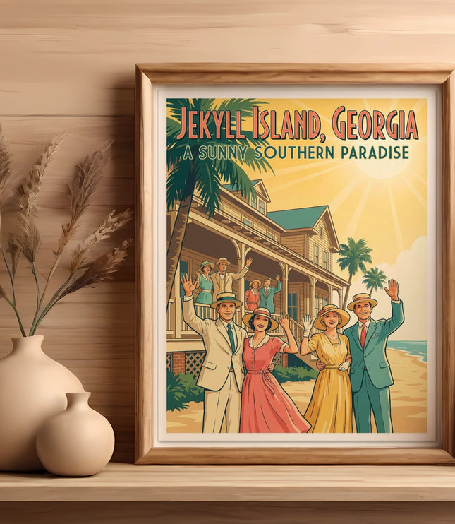 Retro poster depicting Jekyll Island, Georgia with people on a porch.