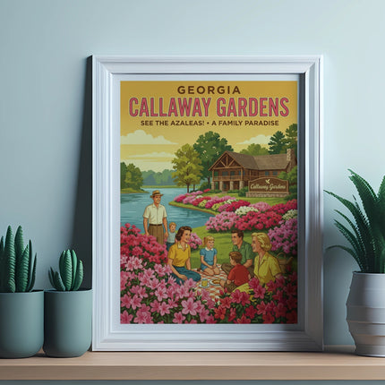 Callaway Gardens Georgia vintage travel poster depicting families enjoying blooming azaleas.