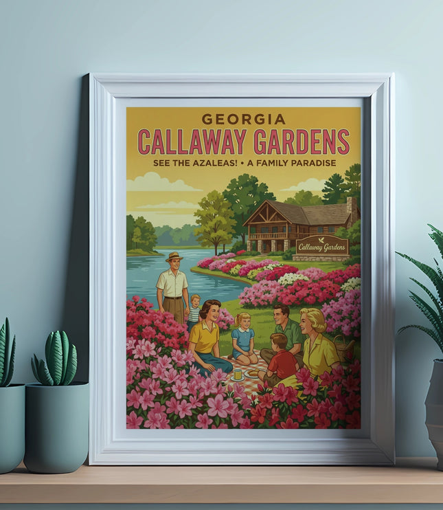 Callaway Gardens Georgia vintage travel poster depicting families enjoying blooming azaleas.