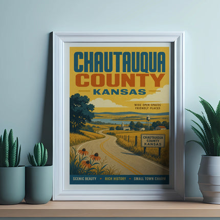 Chautauqua County Kansas travel poster with scenic landscape and text.
