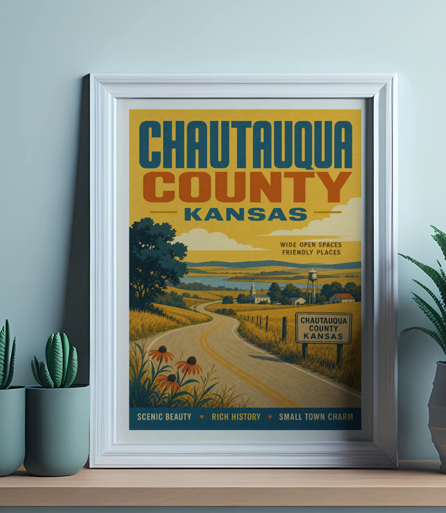Chautauqua County Kansas travel poster with scenic landscape and text.